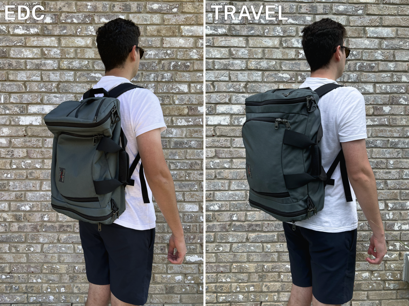 A comparison image between the Tom Bihn Aeronaut holding EDC and travel items