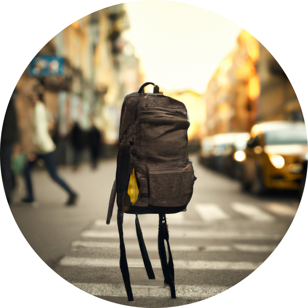A photo of a backpack on a busy city street, courtesy of OpenAI's DALL-E