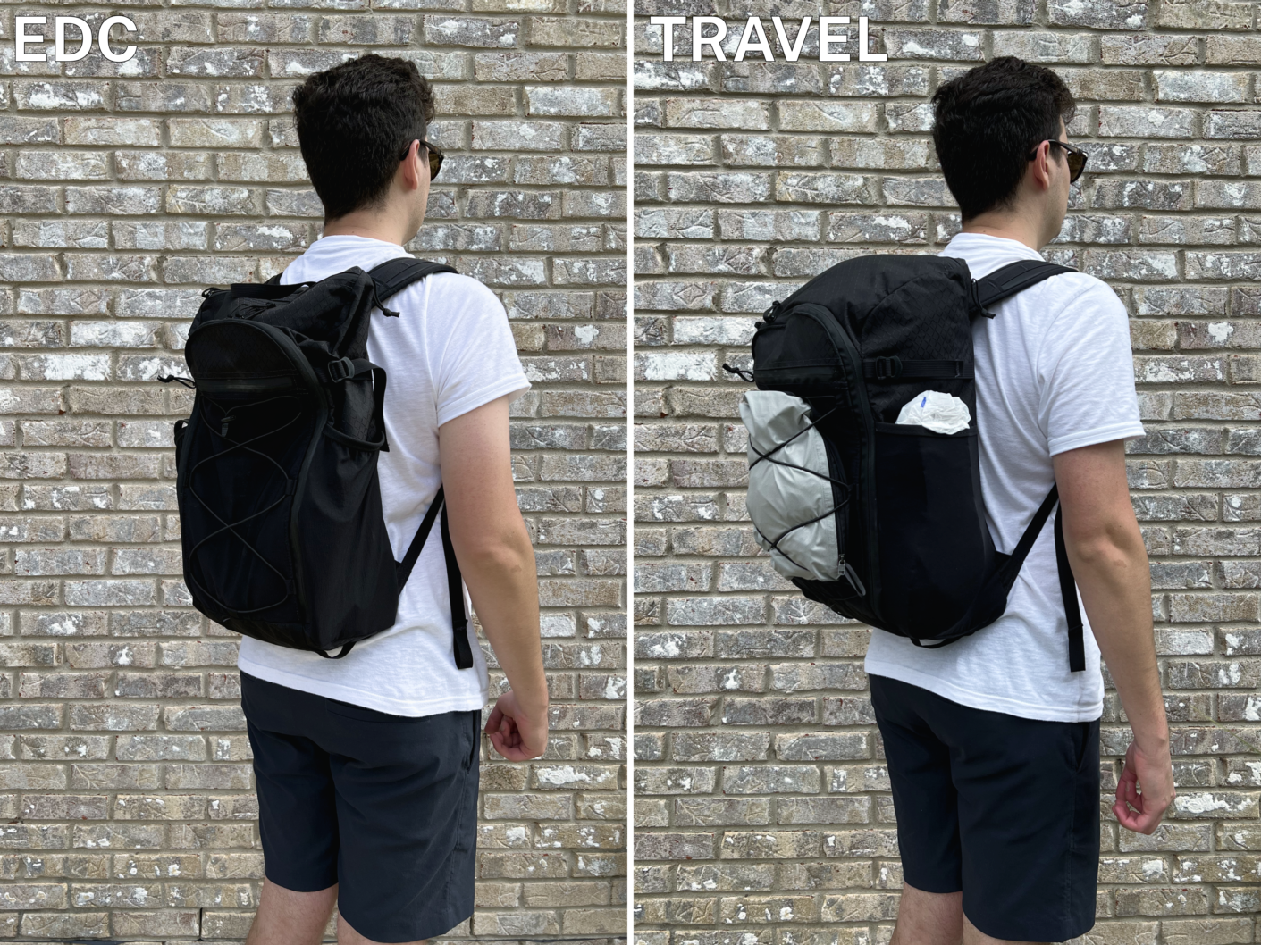 A comparison image between the ULA Dragonfly holding EDC and travel items