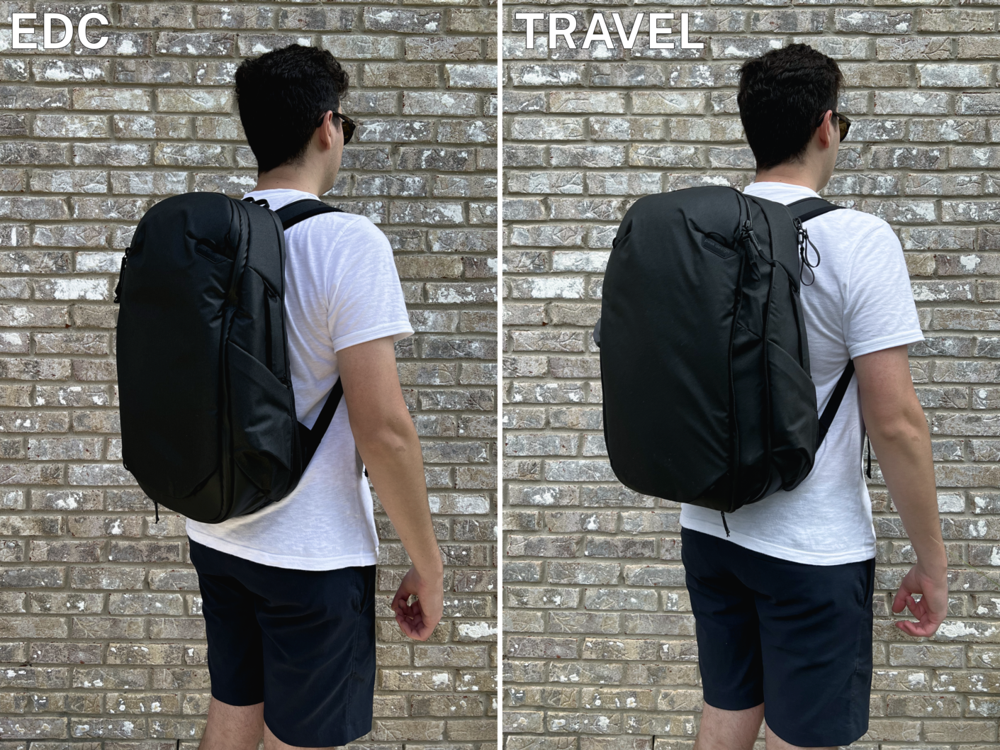 A comparison image between the Peak Design Travel Backpack holding EDC and travel items