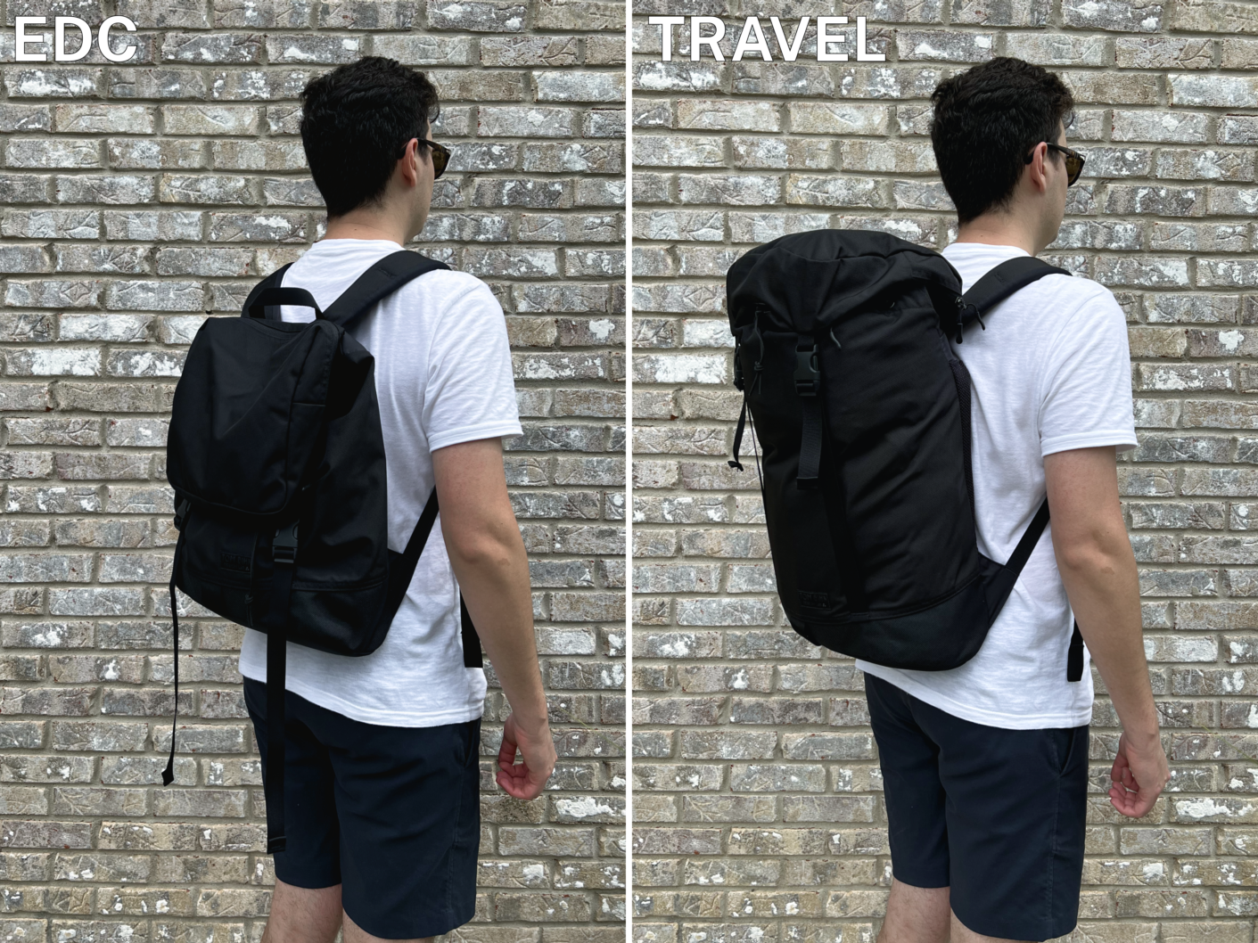 A comparison image between the Tom Bihn Shadow Guide holding EDC and travel items
