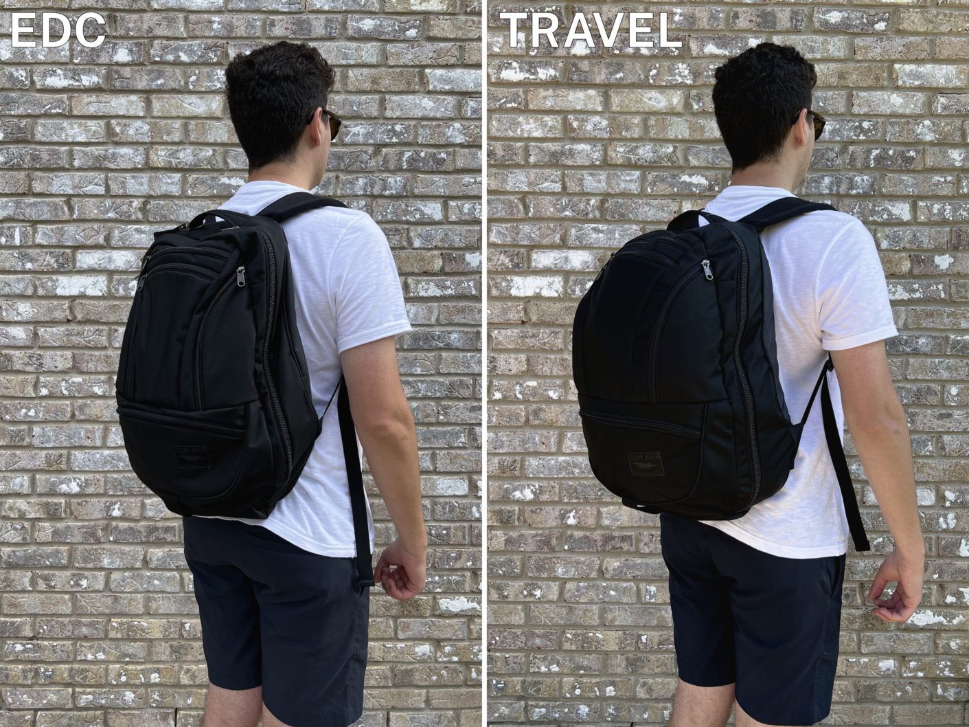 A comparison image between the Tom Bihn Synik holding EDC and travel items