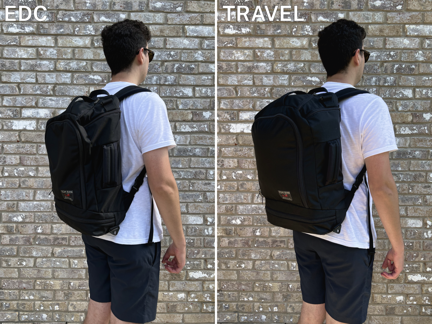 A comparison image between the Tom Bihn Techonaut holding EDC and travel items